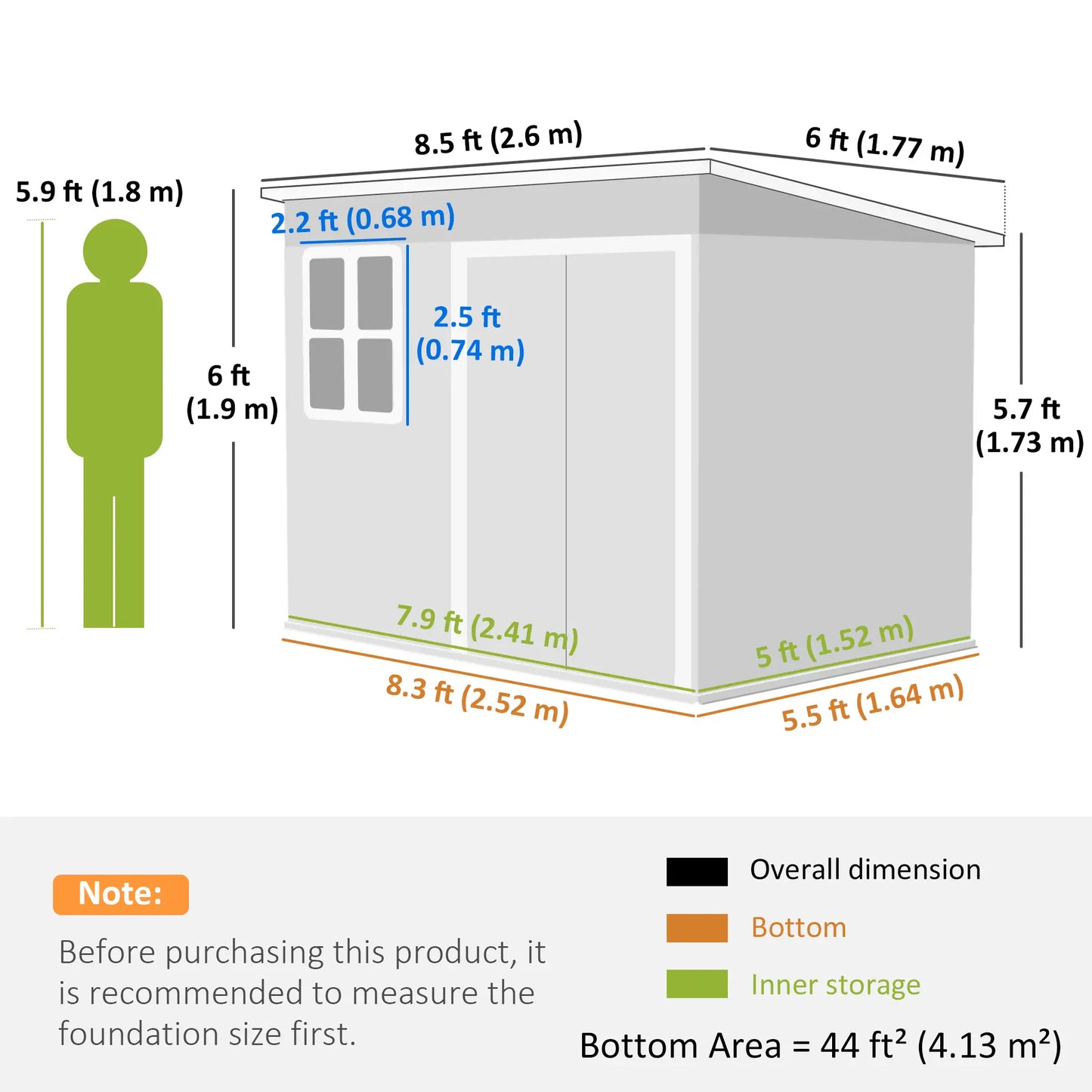 8.5' x 6' Galvanised Steel Outdoor Storage Shed, Garden Shed, Grey
