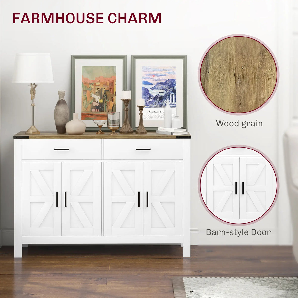 Farmhouse Buffet Cabinet, 2 Drawers, 2 Cabinets, Adjustable Shelves, White