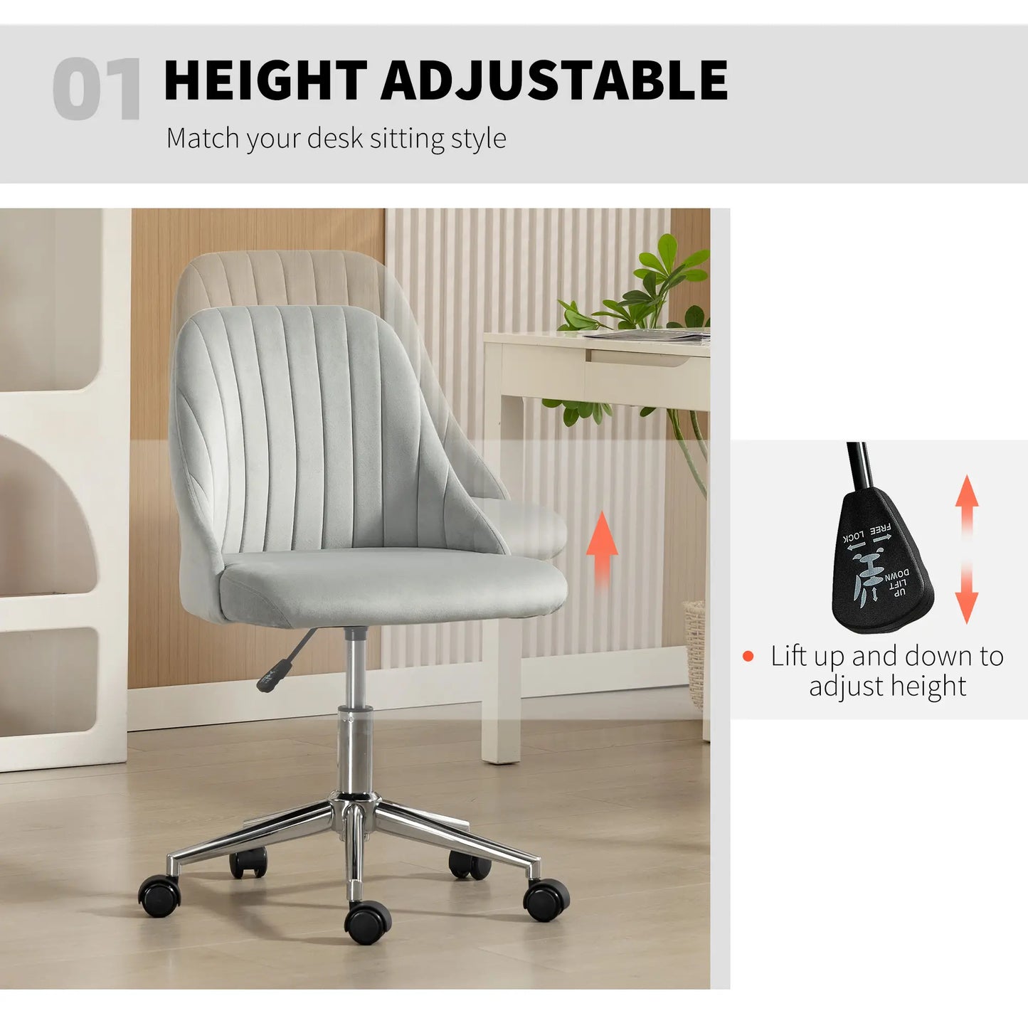 Vanity Chair for Makeup, Velvet Comfy Office Chair with Adjustable Height, Swivel Wheels for Bedroom, Living Room, Grey Task Chairs at Gallery Canada