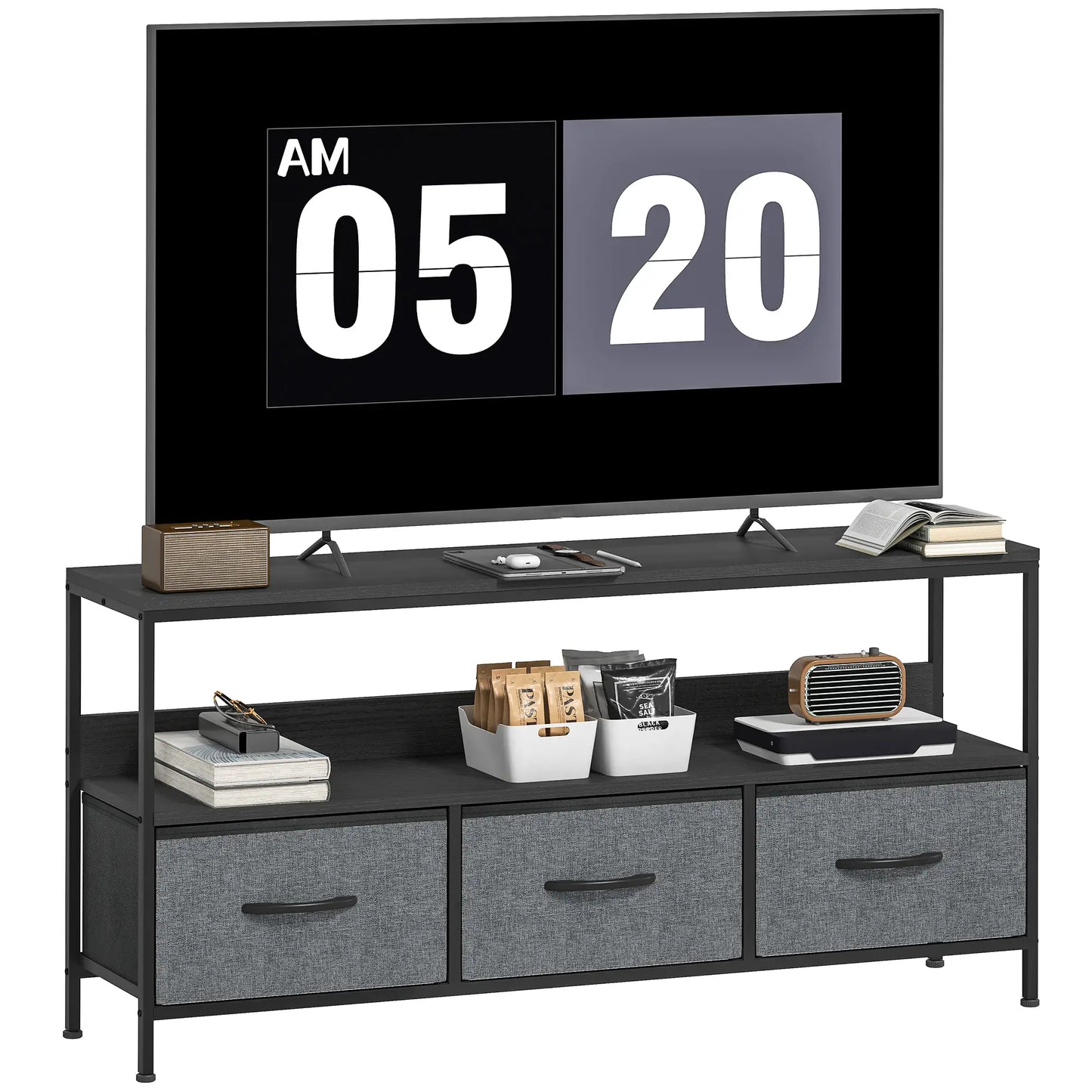 TV Stand with Charging Station, 3 Foldable Drawers, Open Shelf, 55 Inch, Black TV Stands at Gallery Canada
