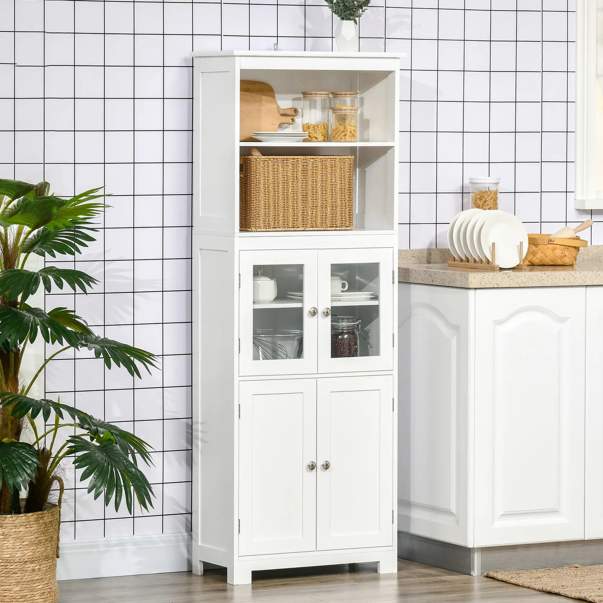 63" Small Buffet with Hutch, 4-Door Kitchen Pantry, Adjustable Shelf, White Kitchen Pantry Cabinets at Gallery Canada