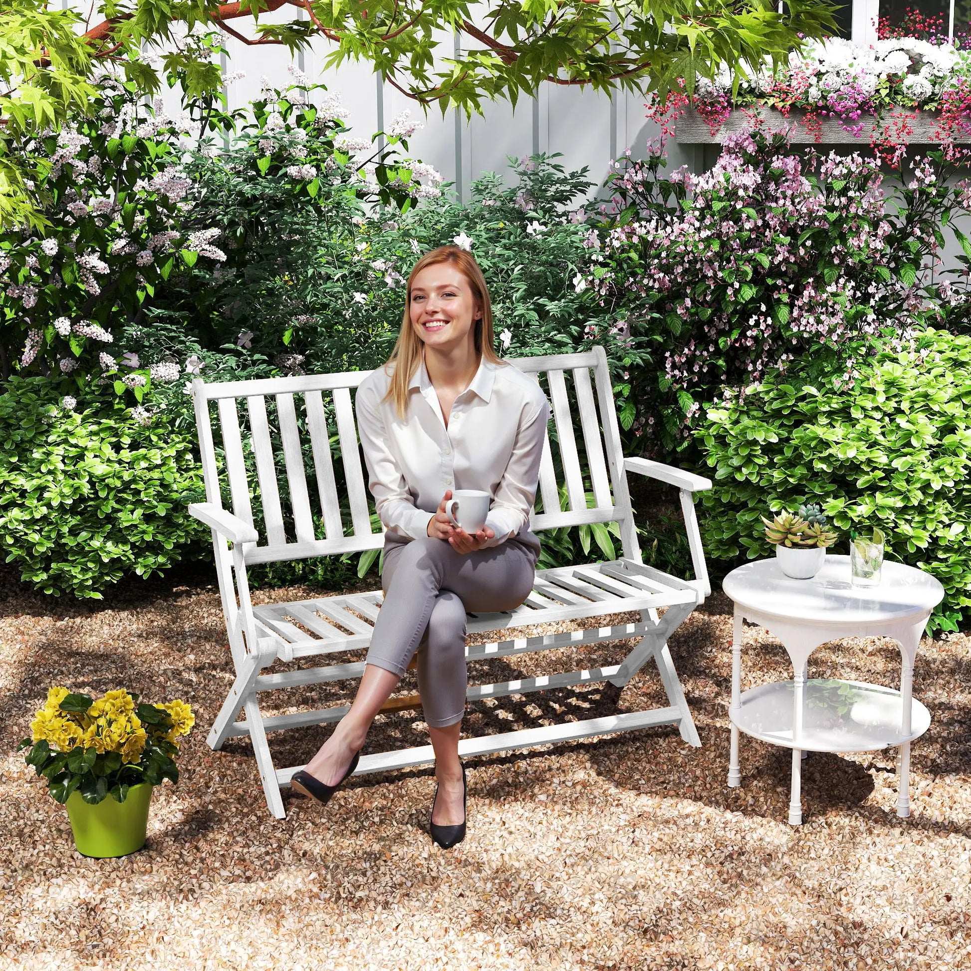 46.5" Foldable Wood Outdoor Bench, Backrest and Armrests, White Patio Chairs at Gallery Canada
