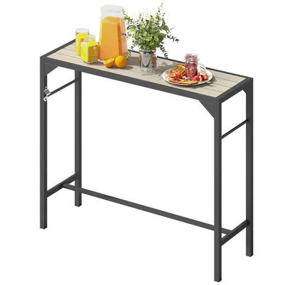 Bar Height Outdoor Table with Built-In Bottle Opener, Patio Bar Table with Wood Grain Plastic Top, 47.2" x 15" x 39 Patio Dinning Tables Light Brown, Black at Gallery Canada