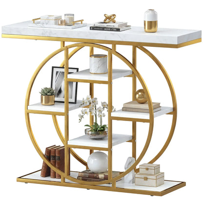 39.4" Console Table With Storage Shelves, White Marble Effect, White Console Tables White Marble Effect, Gold at Gallery Canada