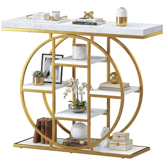 39.4" Console Table With Storage Shelves, White Marble Effect, White Console Tables White Marble Effect, Gold at Gallery Canada