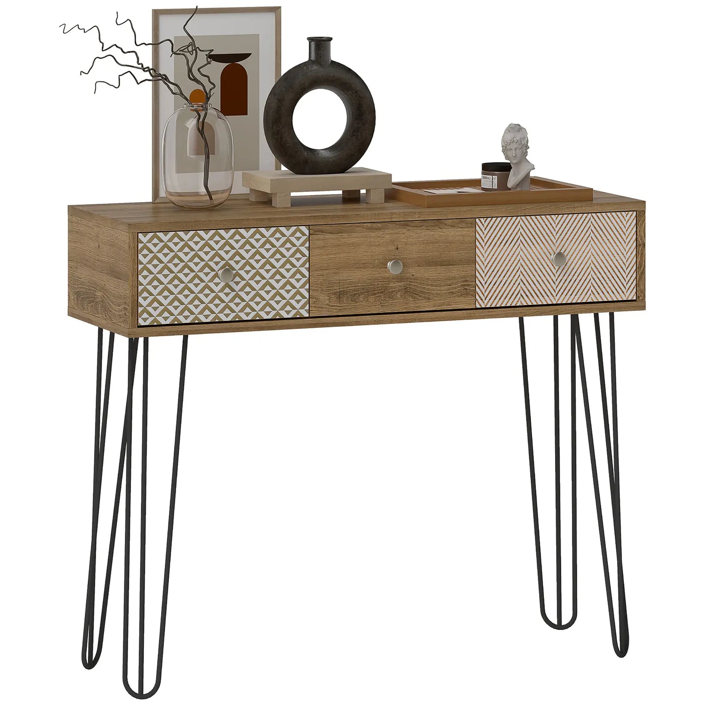 Narrow Console Table with Drawers, 35", Hairpin Legs, Brown Console Tables at Gallery Canada