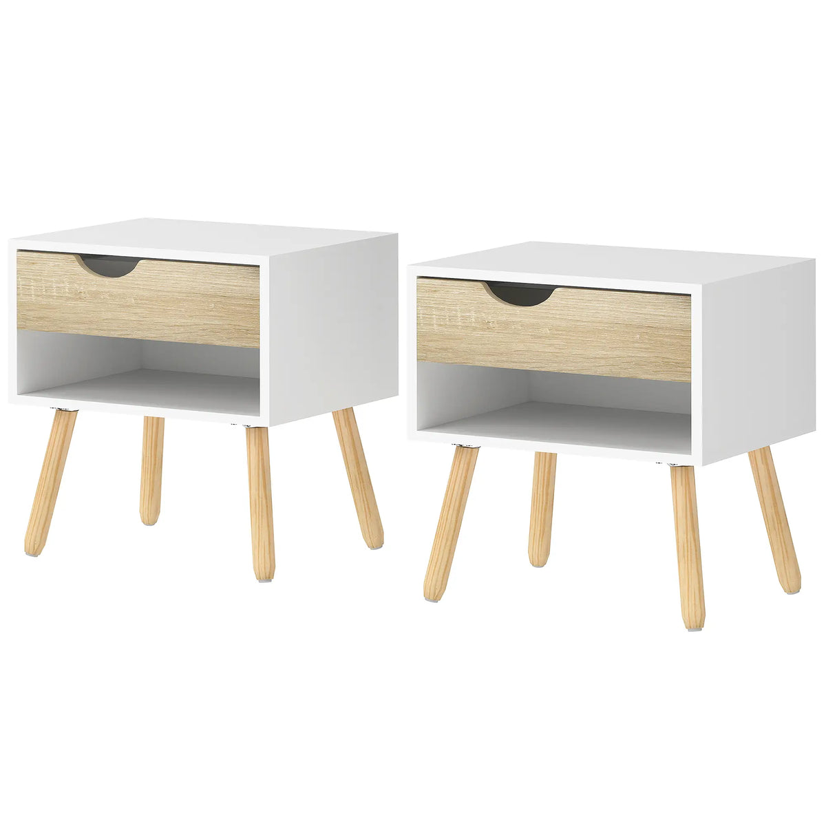 Set of 2 Bedside Tables, Modern Nightstand with Drawer, Shelf, White Bedside Tables Oak, White at Gallery Canada