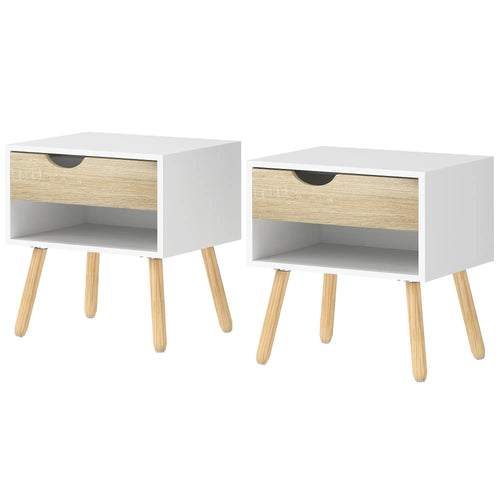 Set of 2 Bedside Tables, Modern Nightstand with Drawer, Shelf, White
