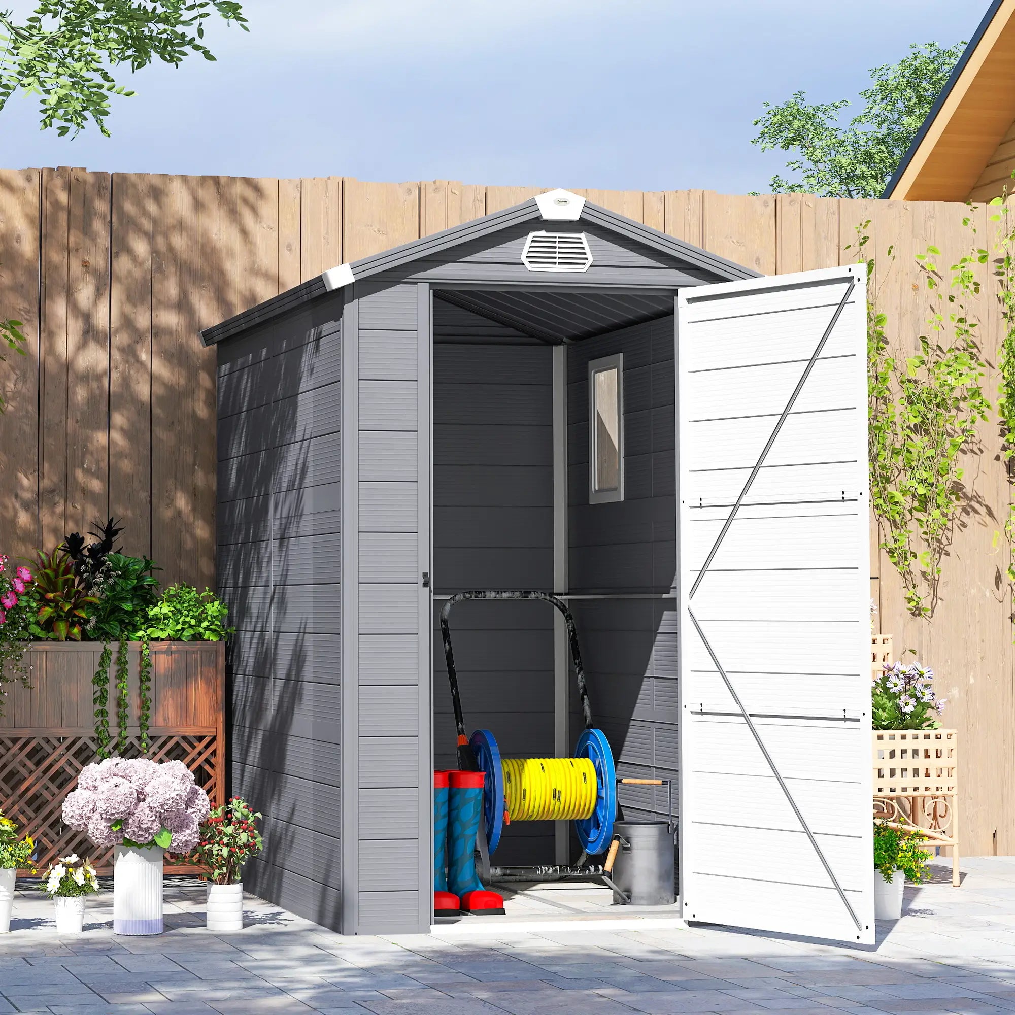 4.5' x 6' Plastic Garden Storage Shed, Latch Door, Vents, Dark Grey Sheds at Gallery Canada