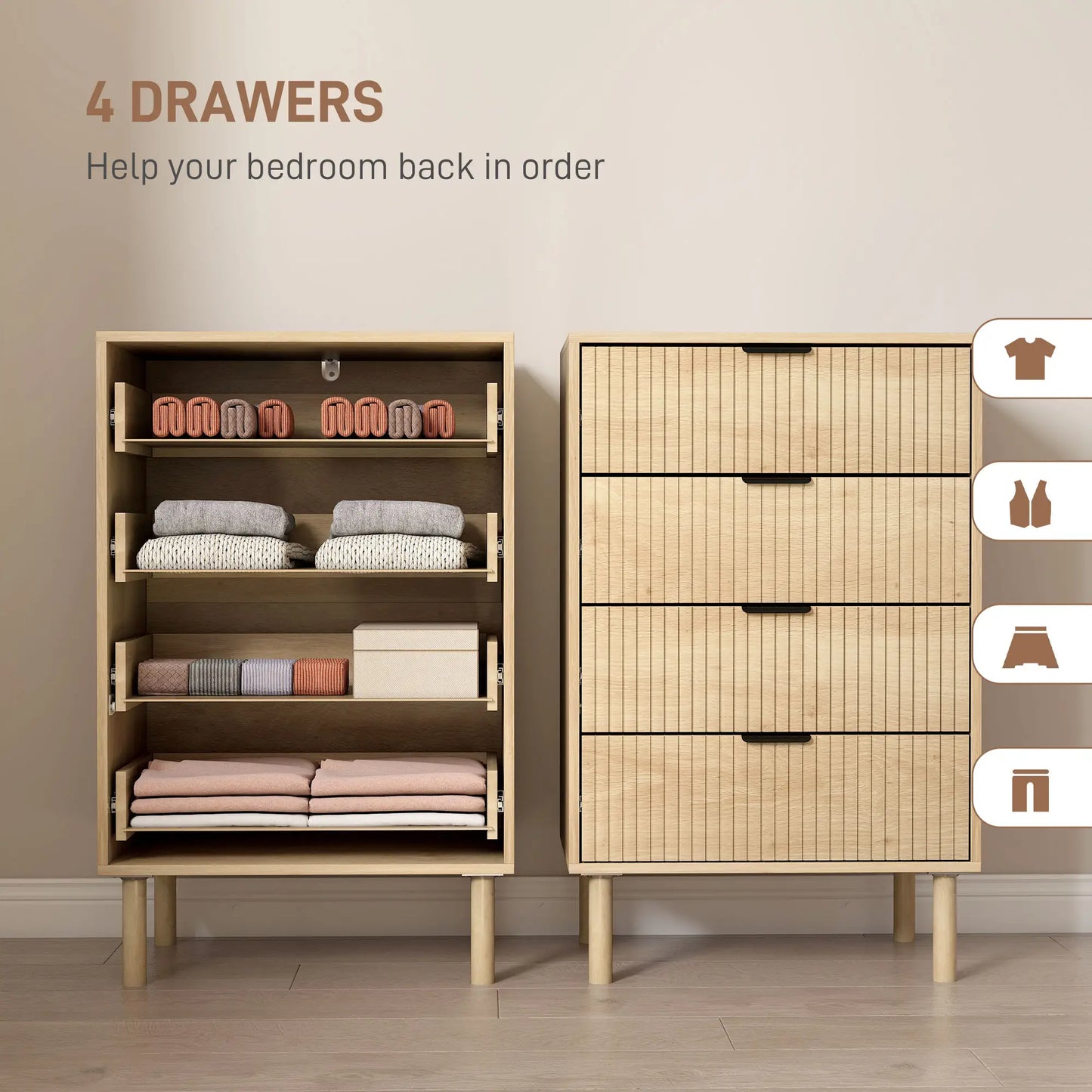 4 Drawer Dresser, Fluted Panels, Solid Wood Legs, Oak Storage Cabinets at Gallery Canada