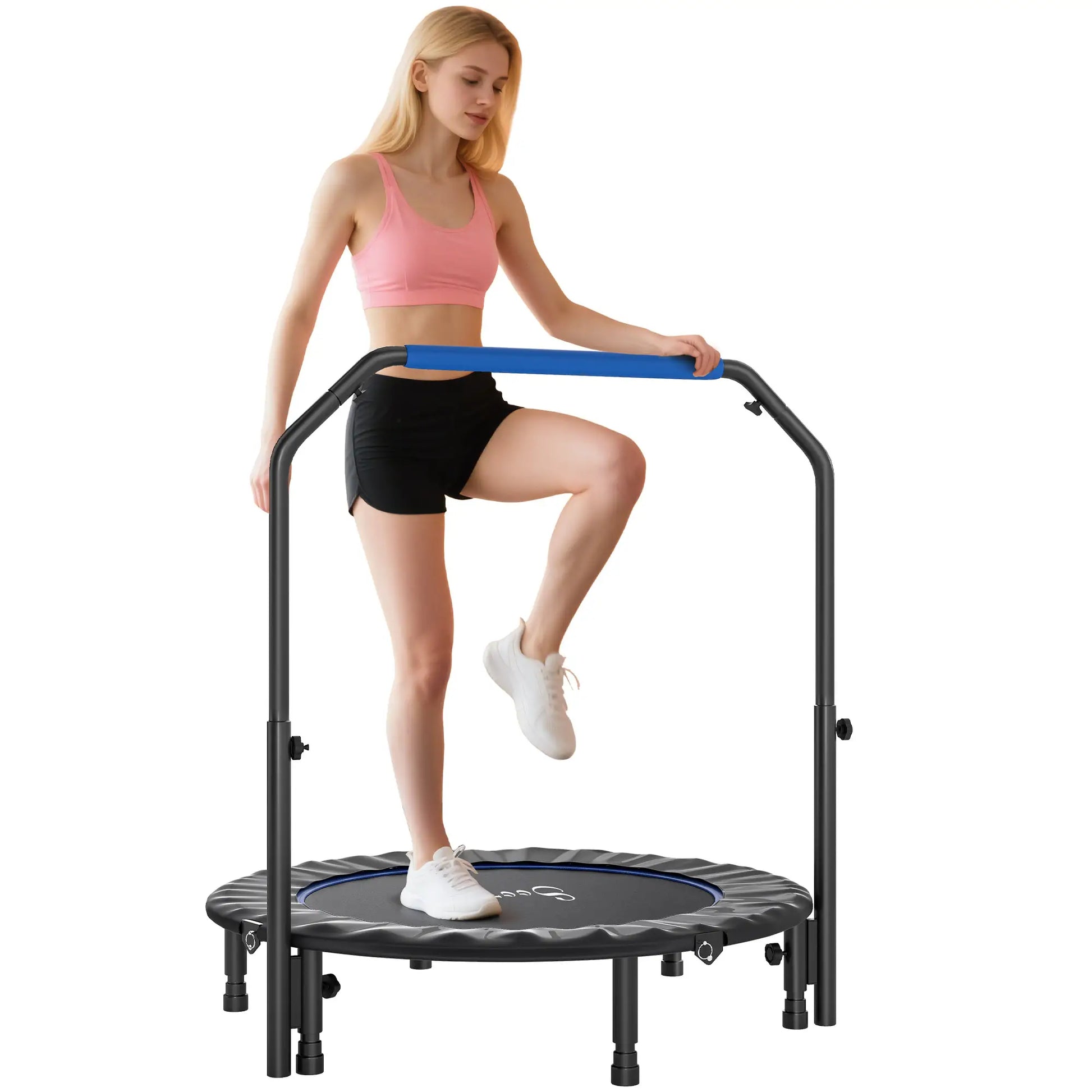45" Foldable Mini Fitness Trampoline, Adjustable Foam Handle, Blue Trampolines at Gallery Canada