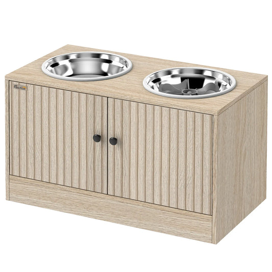 Gamelles surélevées pour chien, Mangeoire lente, 2 bols en acier inoxydable antidérapants, Chêne