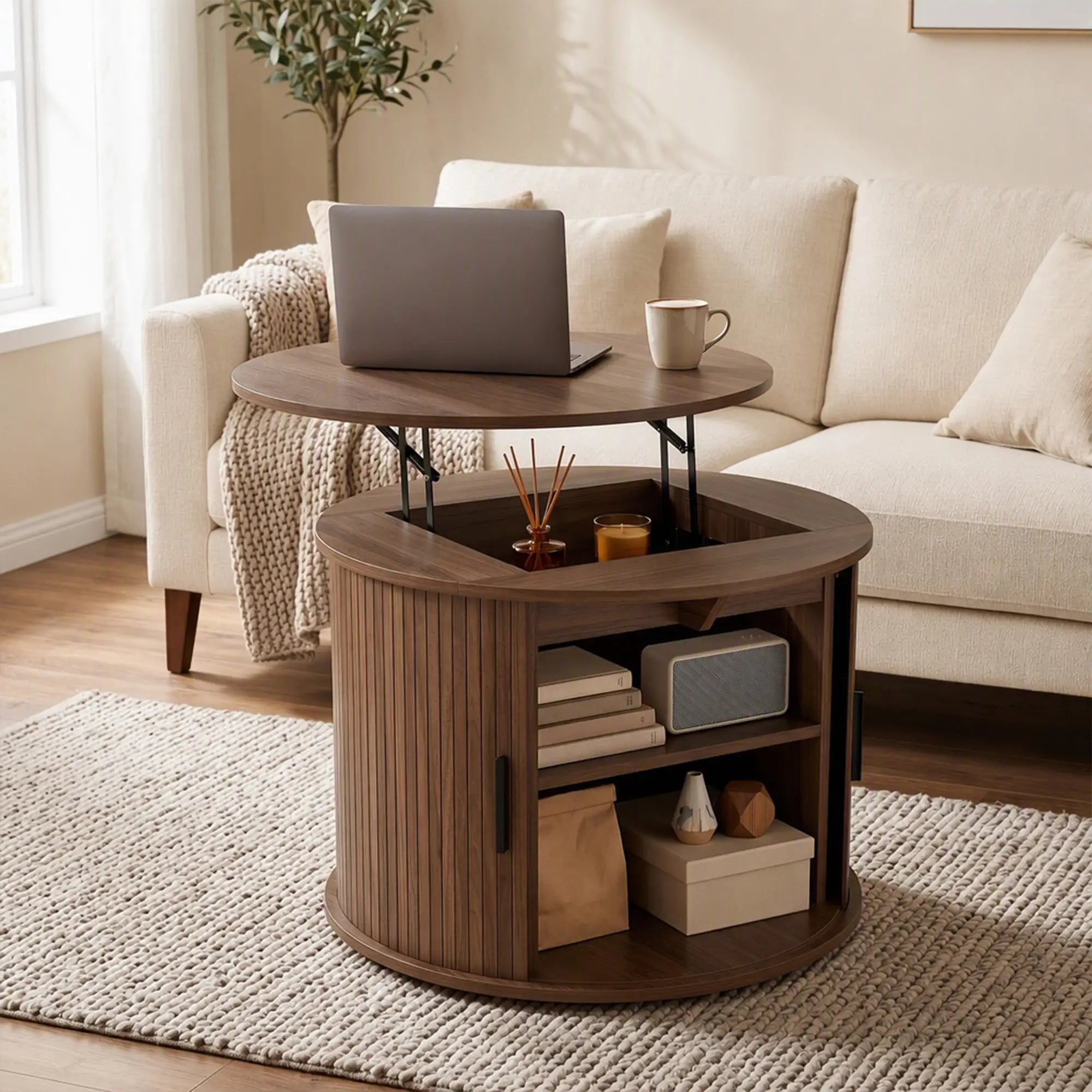 Lift Top Coffee Table, Round, Storage, Sliding Door, Walnut Brown Coffee Tables at Gallery Canada