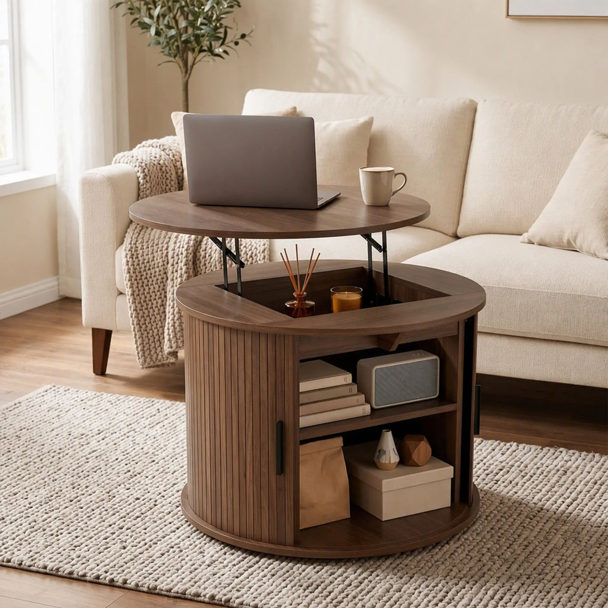 Lift Top Coffee Table, Round, Storage, Sliding Door, Walnut Brown Coffee Tables at Gallery Canada