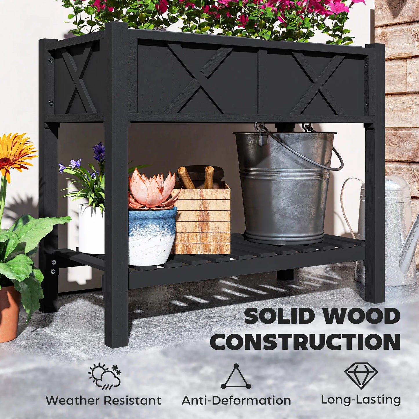Wooden Raised Garden Bed, Elevated Planter Box, 34" x 18" x 30", Black Raised Garden Beds at Gallery Canada