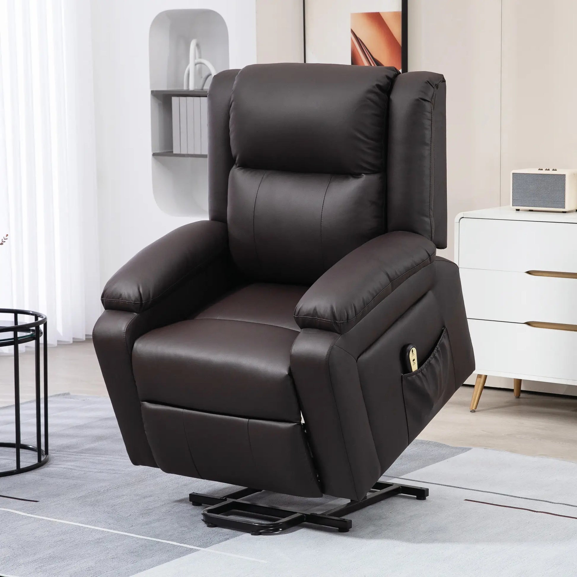 PU Leather Electric Recliner Chair, Remote, Side Pockets, Brown Electric Power Lift Chairs at Gallery Canada