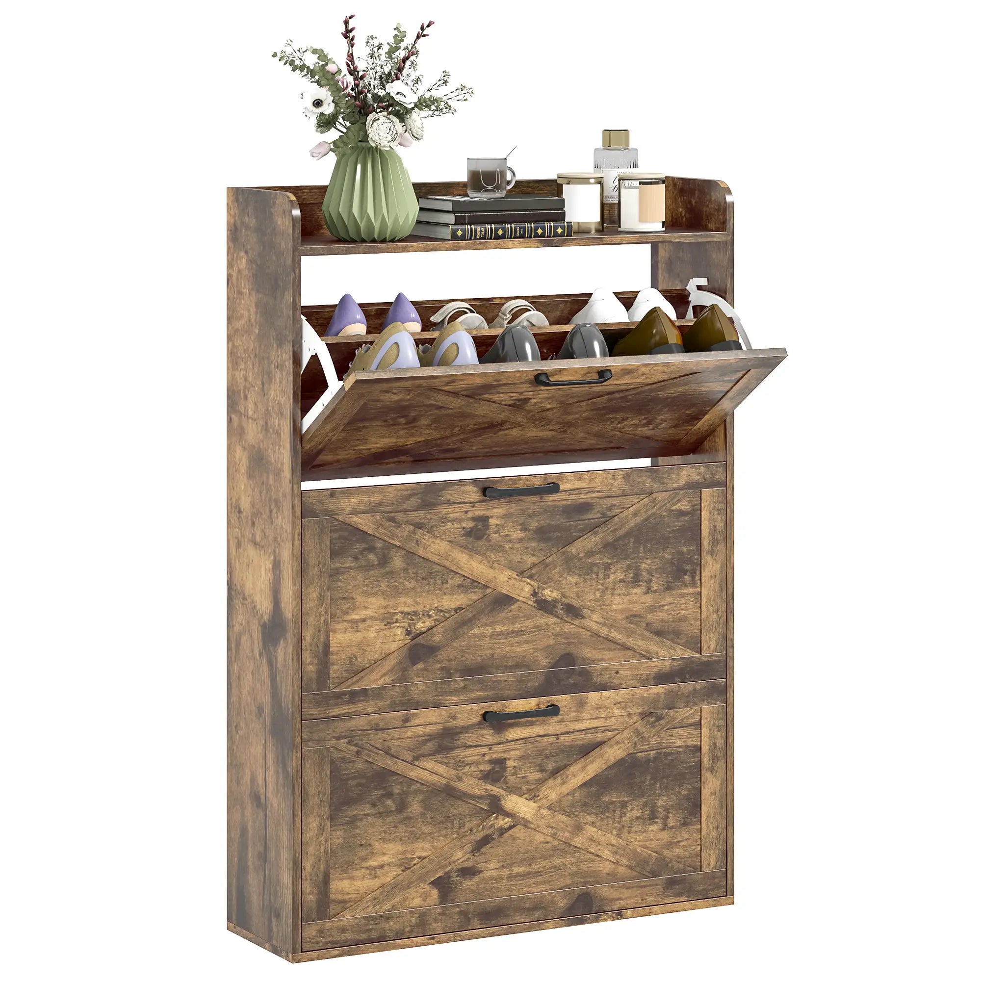 Narrow Shoe Storage Cabinet, 3 Flip Drawers, Adjustable Shelves, Rustic Brown Shoe Storage Cabinets & Racks at Gallery Canada