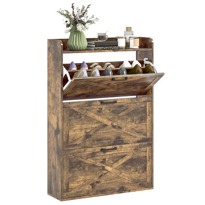 Narrow Shoe Storage Cabinet, 3 Flip Drawers, Adjustable Shelves, Rustic Brown Shoe Storage Cabinets & Racks at Gallery Canada
