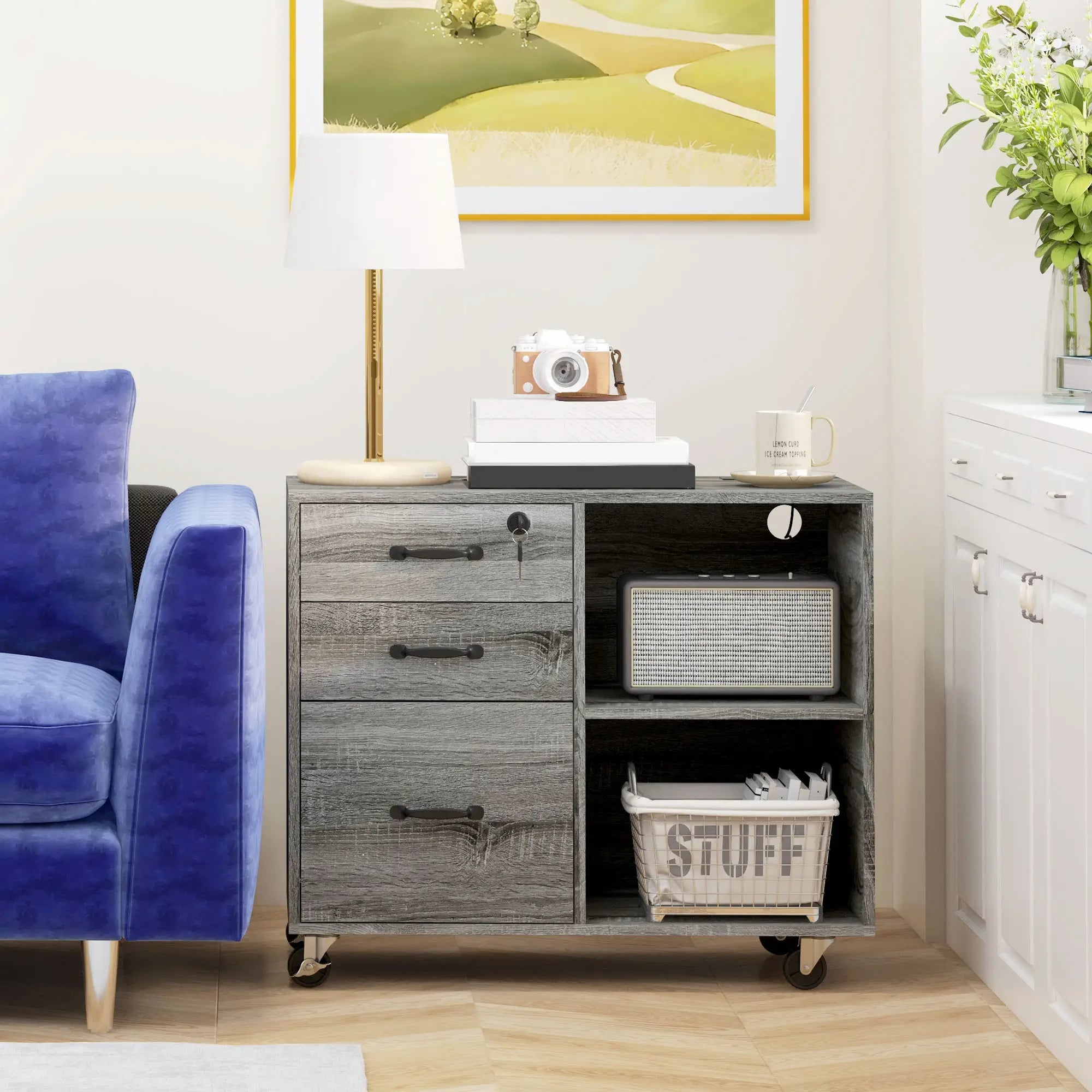 Mobile Printer Stand, Charging Station, USB Ports, Locking Cabinet, A4 Letter Size, Grey Office Cabinets & Cupboards at Gallery Canada