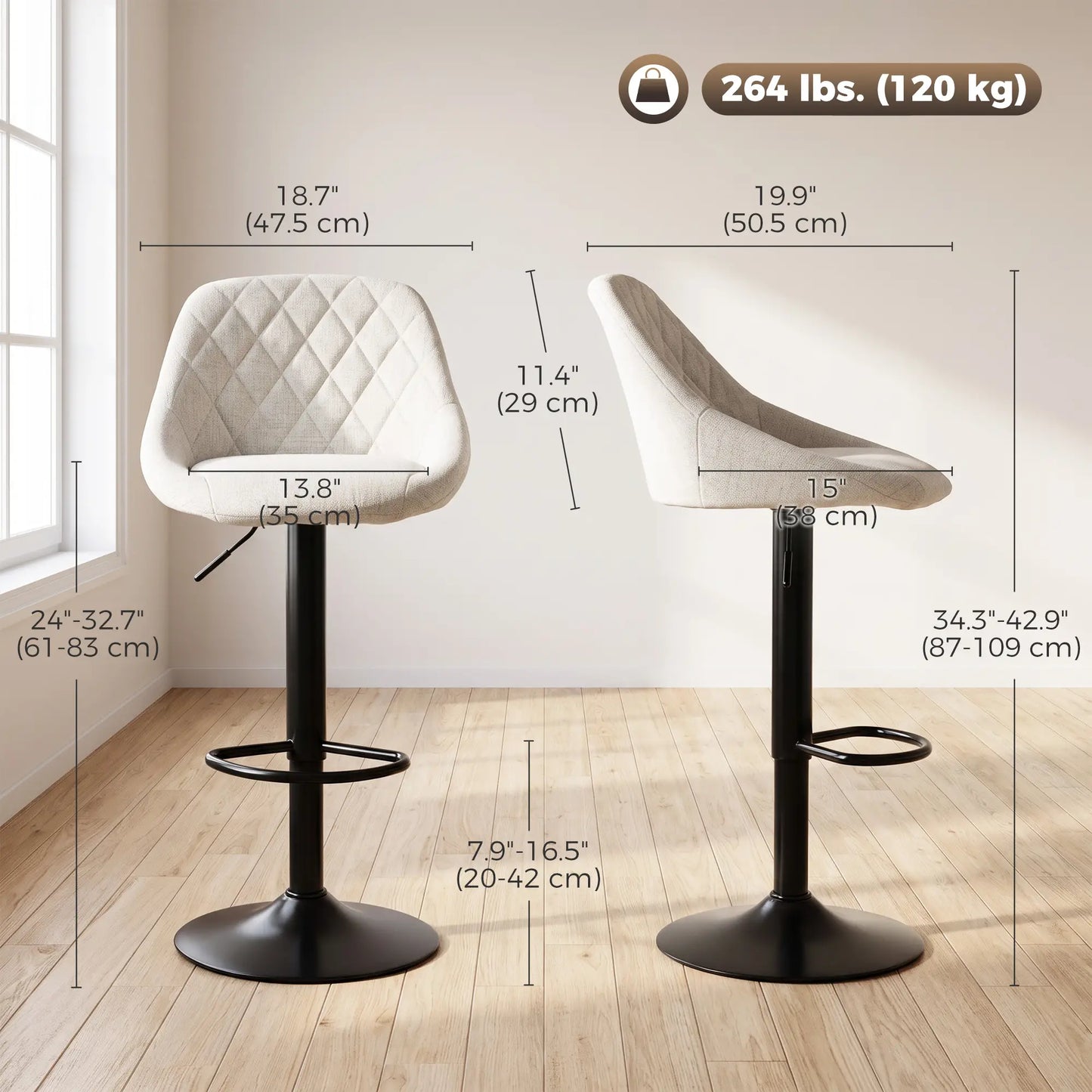 Tabourets de bar pivotants hauteur comptoir Lot de 3, Blanc cassé
