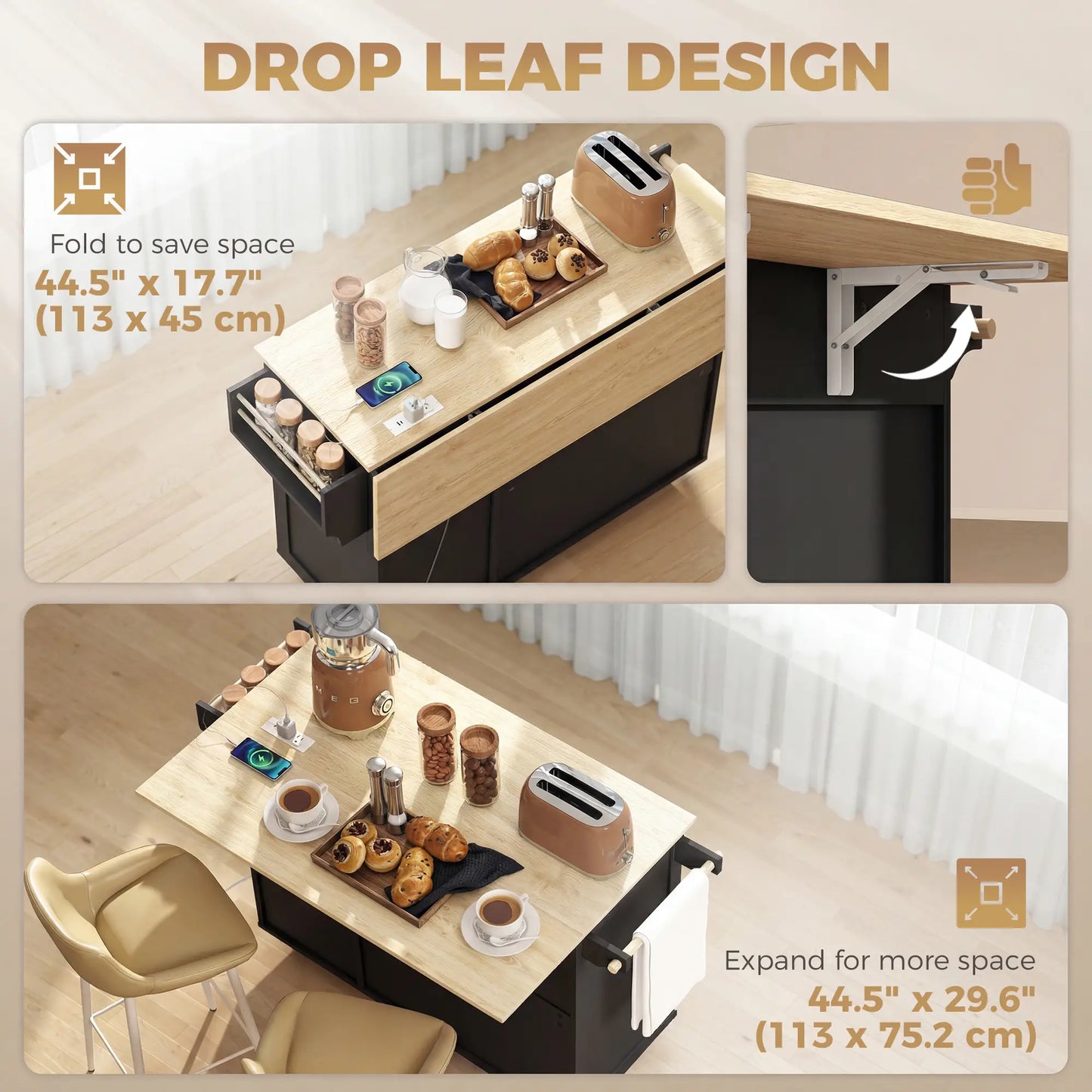 Kitchen Island with Drop Leaf, Rolling Cart, Power Outlet, Black Kitchen Islands & Kitchen Carts at Gallery Canada