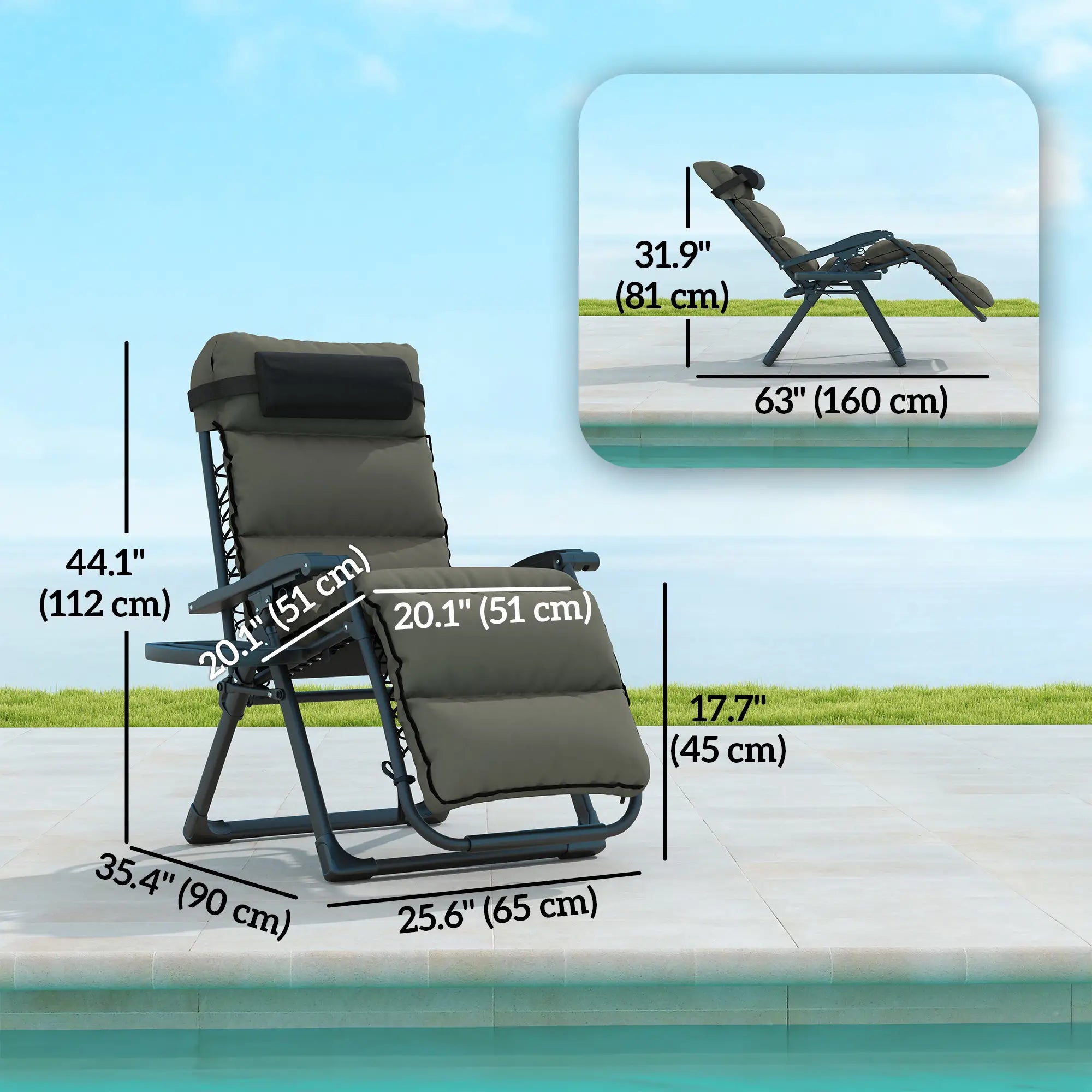 Reclining Zero Gravity Chair, Adjustable Backrest, Folding Sun Lounger, Removable Cushion, Grey Lounger Chairs at Gallery Canada