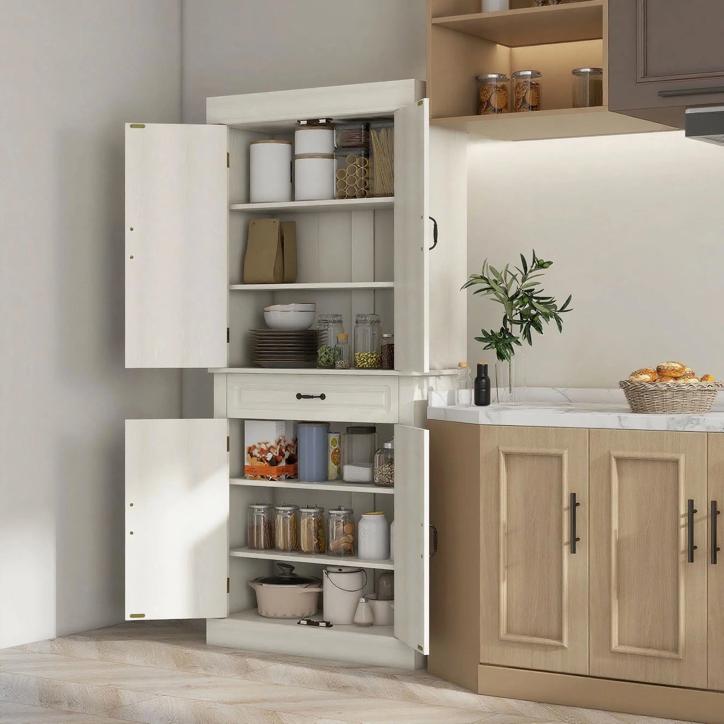 71" Freestanding Kitchen Pantry, 4 Doors 2 Cabinets, Distressed White, White