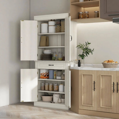 71" Freestanding Kitchen Pantry, 4 Doors 2 Cabinets, Distressed White, White