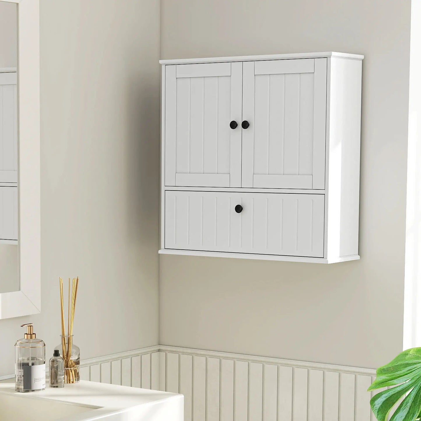 Farmhouse Medicine Cabinet, Adjustable Shelves, Flip-Down Door, White Wall Mounted Cabinets at Gallery Canada