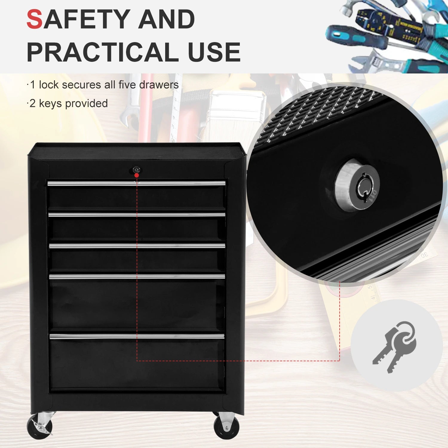 5-Drawer Rolling Tool Cabinet, Lockable Tool Chest, Black Tool Organizers at Gallery Canada