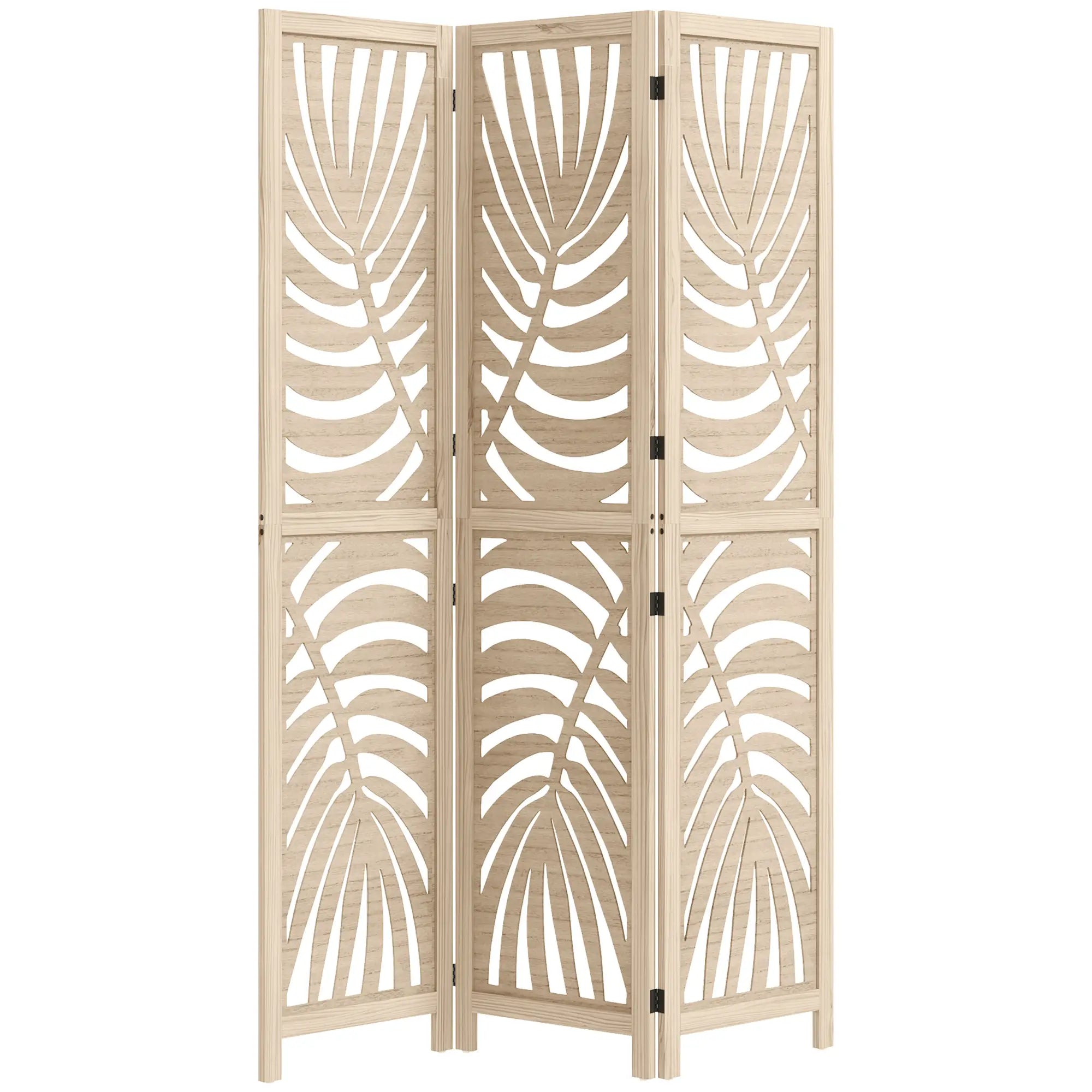 3 Panel Room Divider, Detachable Folding Privacy Screen, Palm Leaf Design, Natural Wood Finish Room Dividers Natural at Gallery Canada