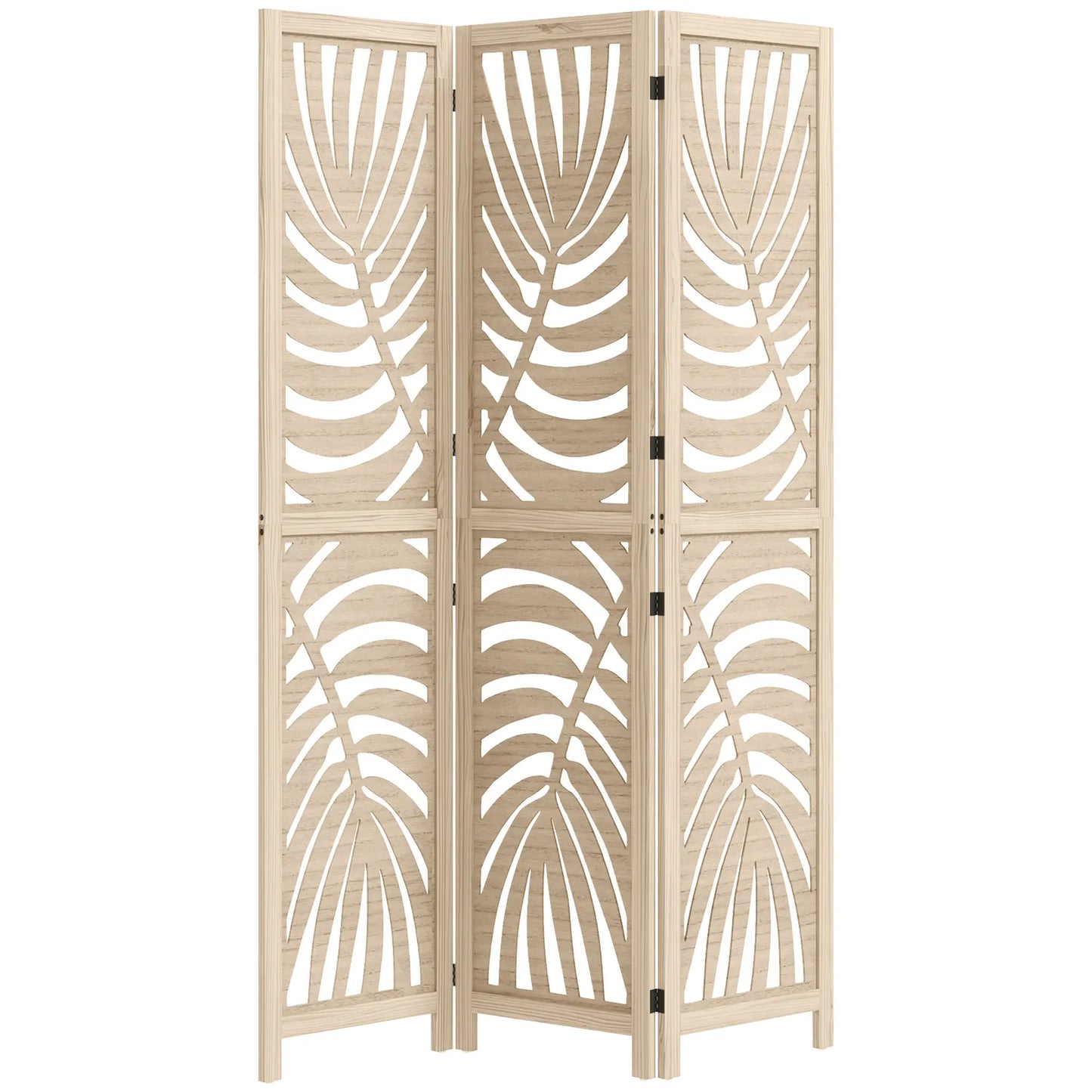 3 Panel Room Divider, Detachable Folding Privacy Screen, Palm Leaf Design, Natural Wood Finish Room Dividers Natural at Gallery Canada