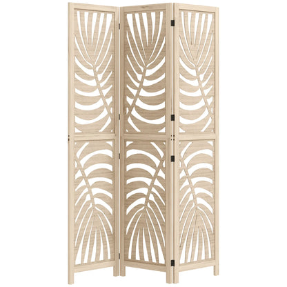 3 Panel Room Divider, Detachable Folding Privacy Screen, Palm Leaf Design, Natural Wood Finish Room Dividers Natural at Gallery Canada