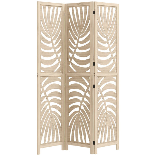 3 Panel Room Divider, Detachable Folding Privacy Screen, Palm Leaf Design, Natural Wood Finish Room Dividers Natural at Gallery Canada