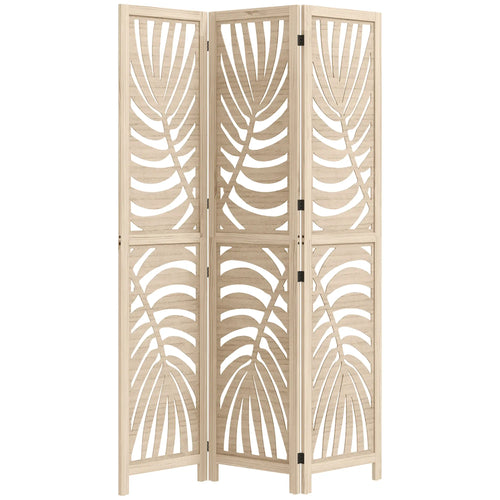 3 Panel Room Divider, Detachable Folding Privacy Screen, Palm Leaf Design, Natural Wood Finish