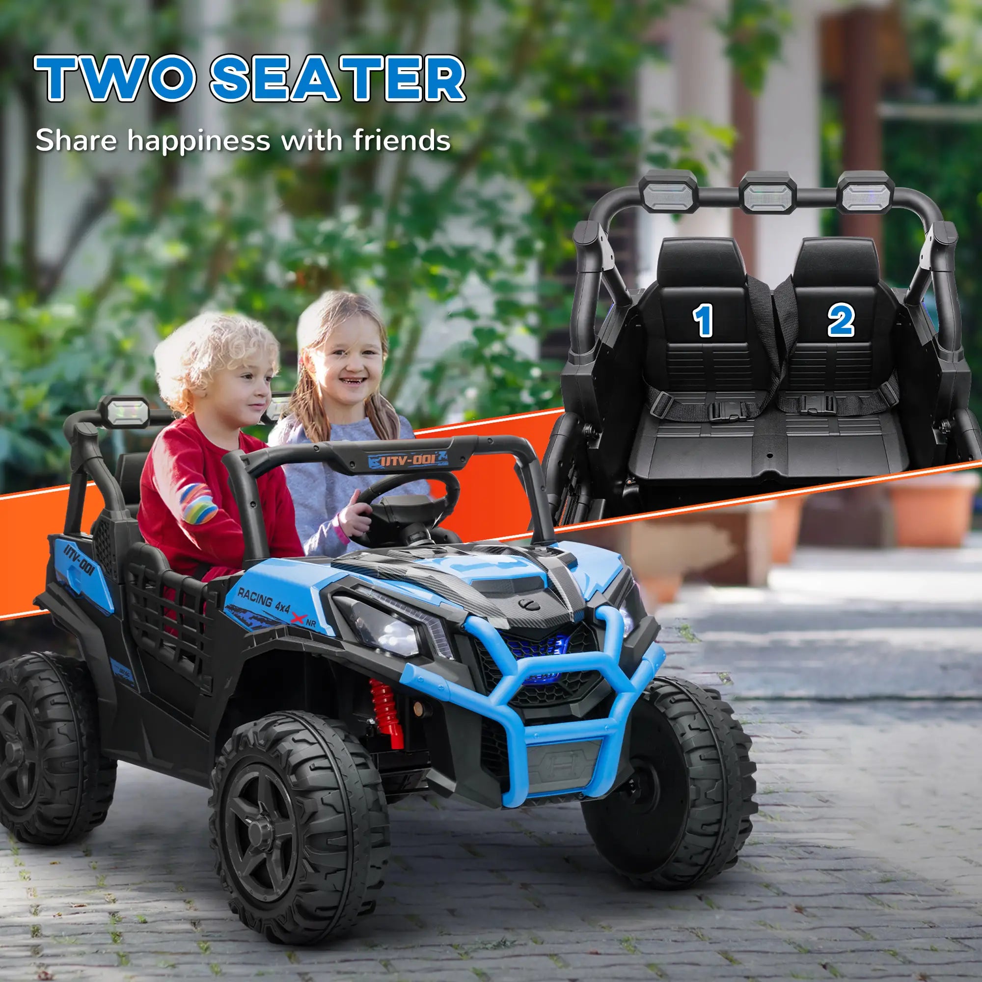 2 Seater 24V Electric Car for Kids, Remote Control, 3 Speed, LED Lights, Music, Horn, Spring Suspension, Blue Electric Toy Cars at Gallery Canada