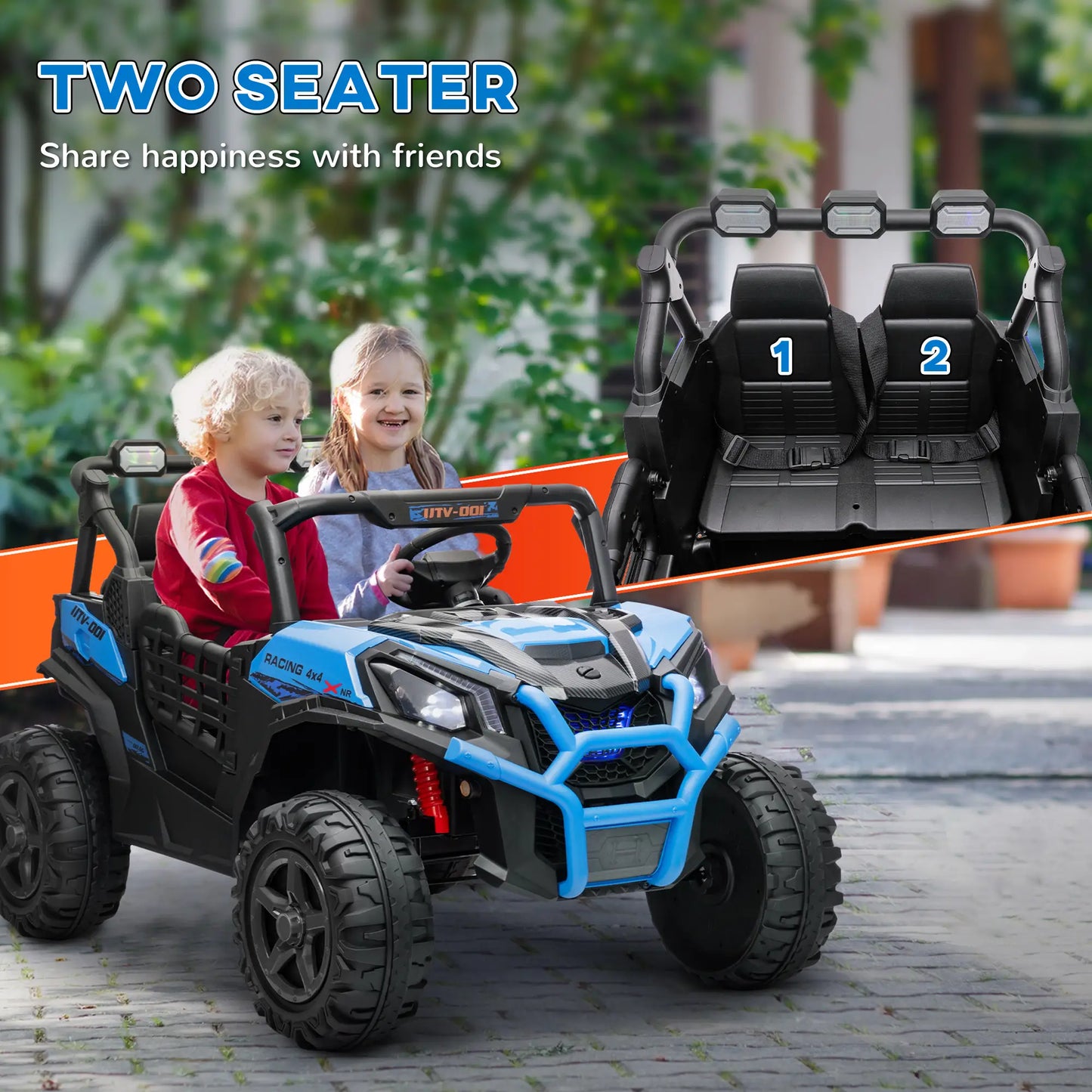 2 Seater 24V Electric Car for Kids, Remote Control, 3 Speed, LED Lights, Music, Horn, Spring Suspension, Blue Electric Toy Cars at Gallery Canada
