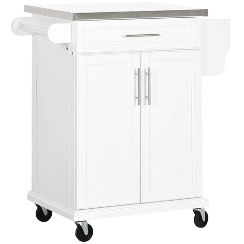 Kitchen Island with Stainless Steel Top, Rolling Cart, Storage Drawer, White