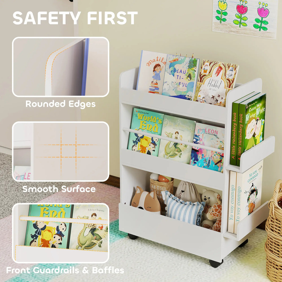 Kids Bookshelf with Wheels, Blackboard, 3-8 Years