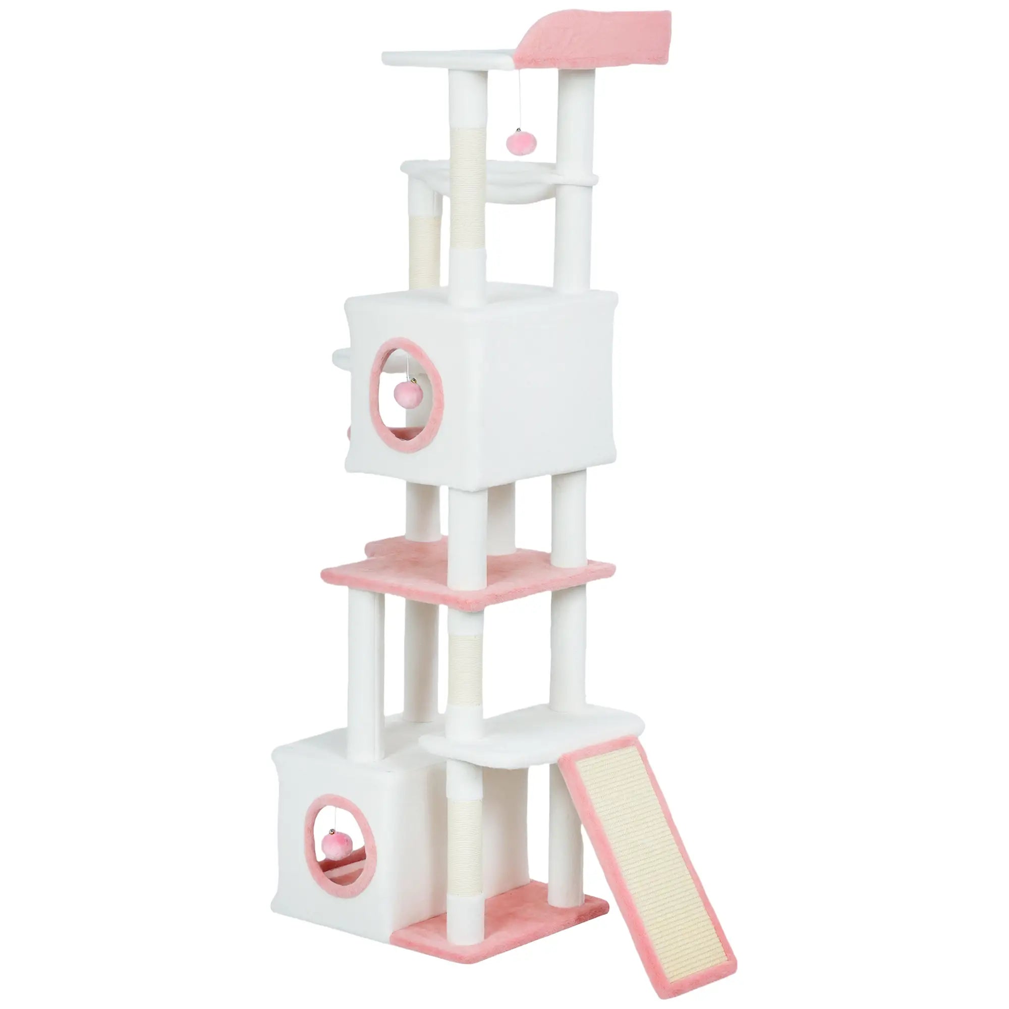 65 Inch Cat Tree, 2 Condos, Perch, Hammock, Scratching Posts, White Cat Towers White, Pink at Gallery Canada