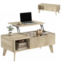 Table basse relevable cannelée de 40 pouces, rangement, chêne