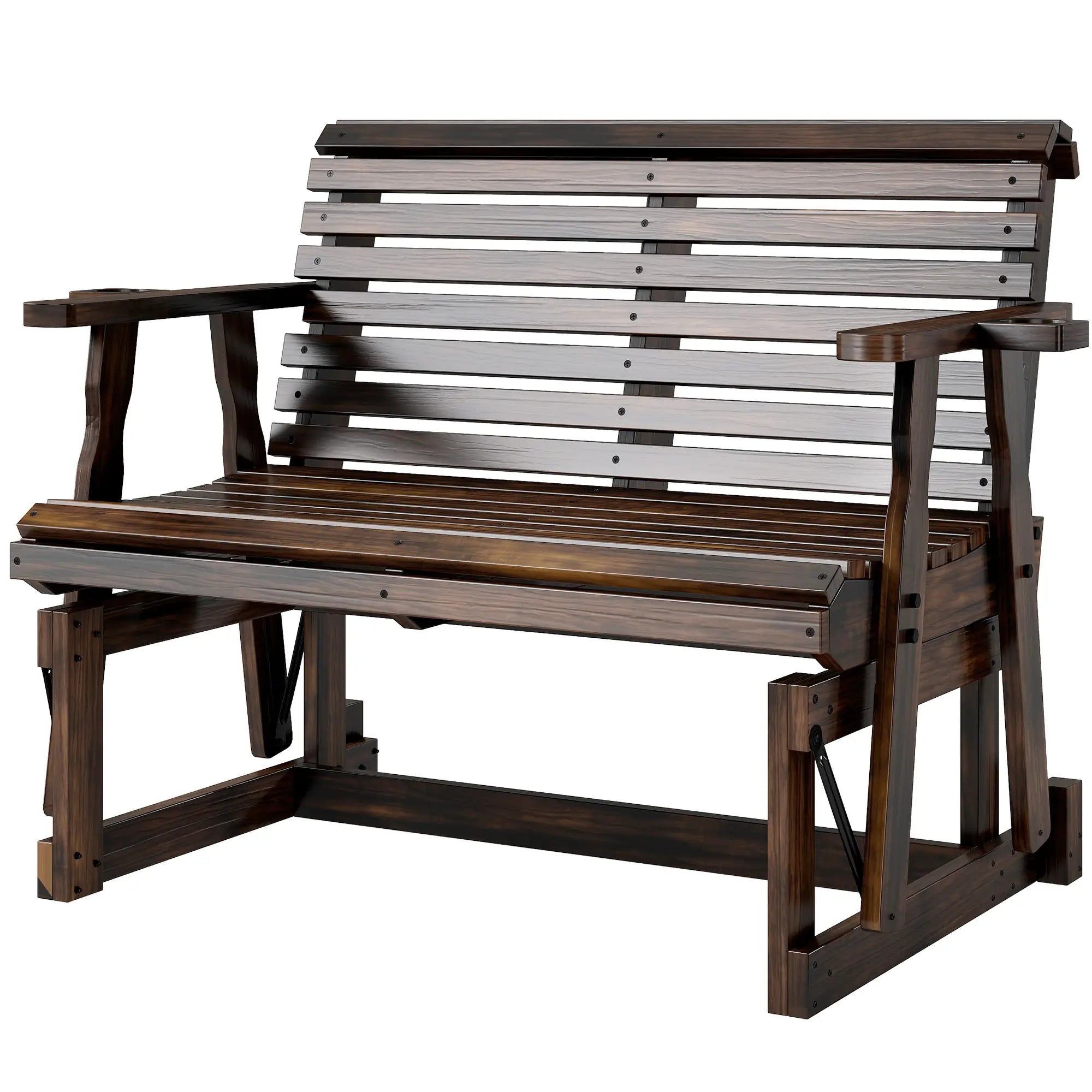 Outdoor Glider Bench, Wooden Glider Chair With 2 Cupholders Outdoor Gliders Carbonized at Gallery Canada