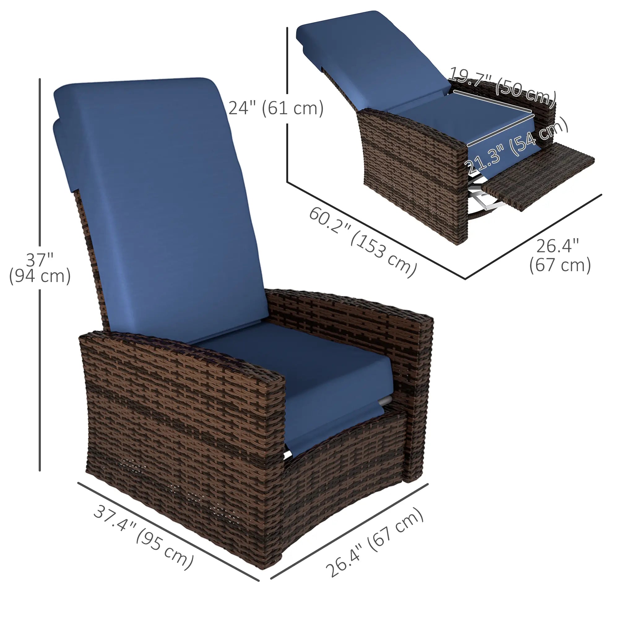 Outdoor Rattan Wicker Lounge Chair with Footrest &; Soft Cushion for Patio, Garden, Backyard, Dark Blue Patio Chairs at Gallery Canada