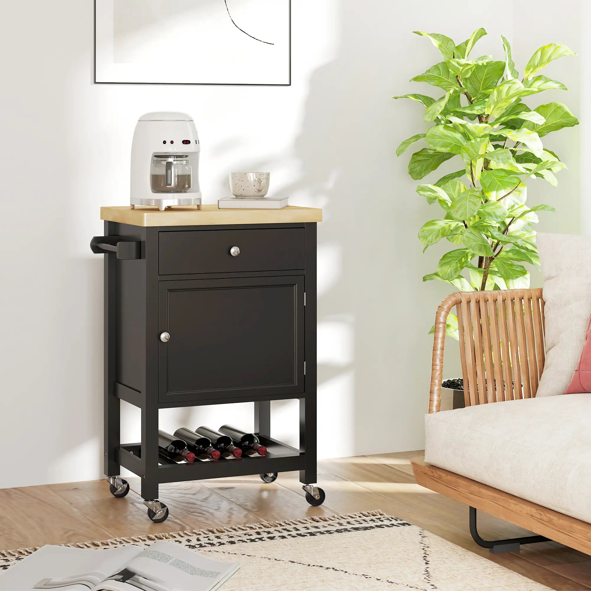 Rolling Kitchen Cart, Wood Top with Towel Rack, Drawer, Shelf, Black Kitchen Islands & Kitchen Carts at Gallery Canada