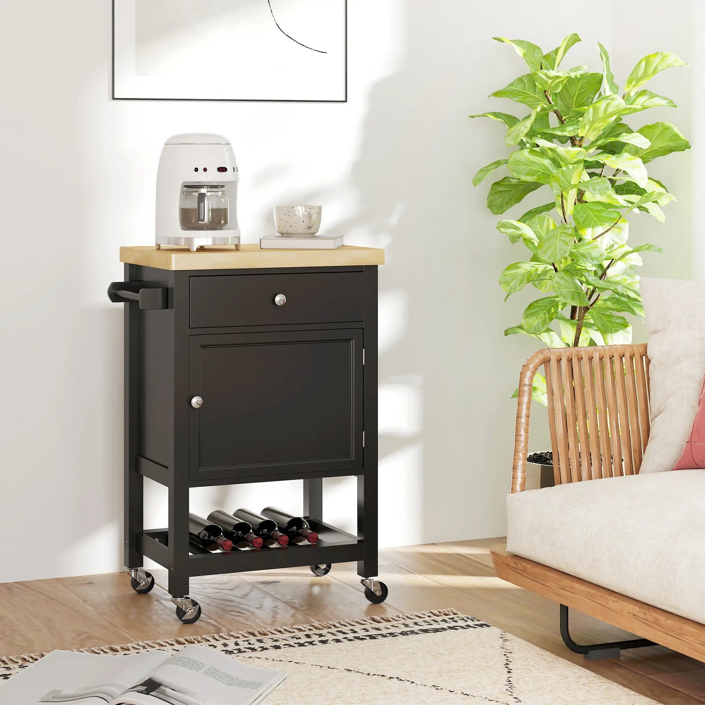 Rolling Kitchen Cart, Wood Top with Towel Rack, Drawer, Shelf, Black Kitchen Islands & Kitchen Carts at Gallery Canada
