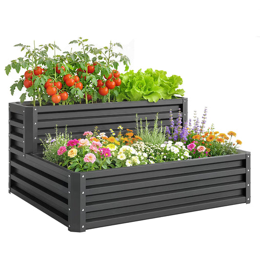 2 Tier Raised Garden Bed, 47" x 40" x 23", Galvanized Steel, Dark Grey Galvanized Planter Boxes Dark Grey at Gallery Canada
