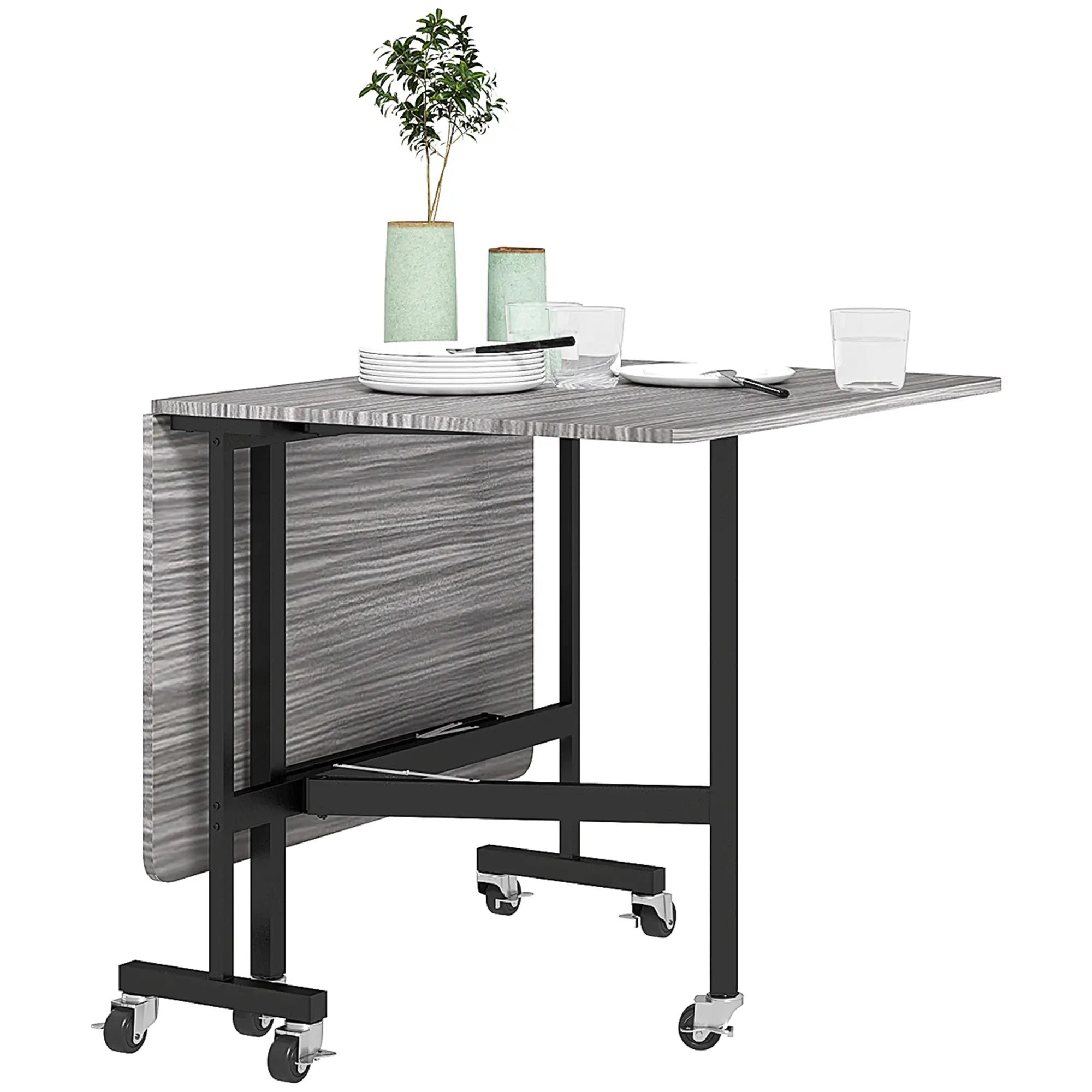 6-Seater Drop-Leaf Dining Table With Wheels, Grey, Grey Dining Tables Grey, Black at Gallery Canada