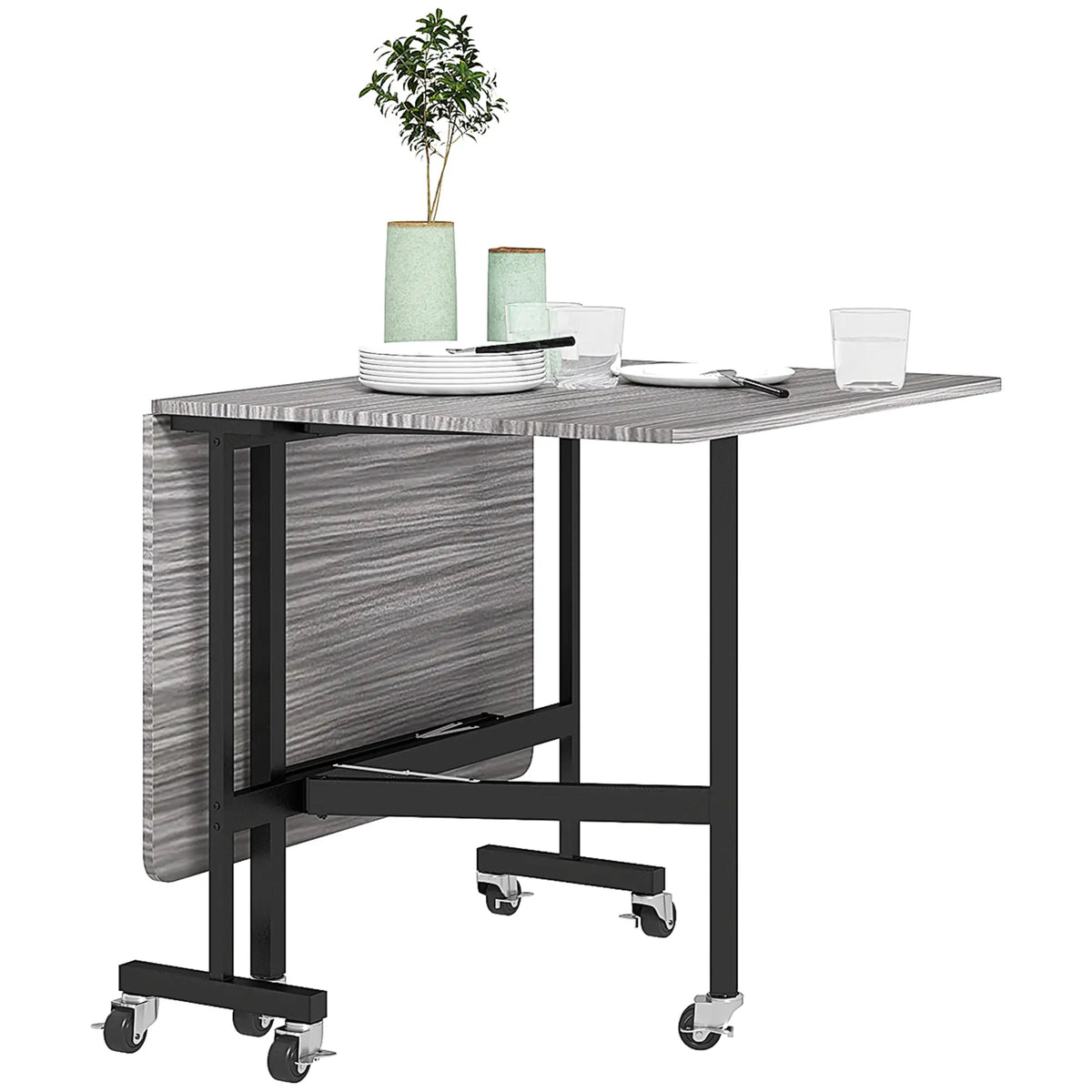 6-Seater Drop-Leaf Dining Table With Wheels, Grey, Grey Dining Tables Grey, Black at Gallery Canada