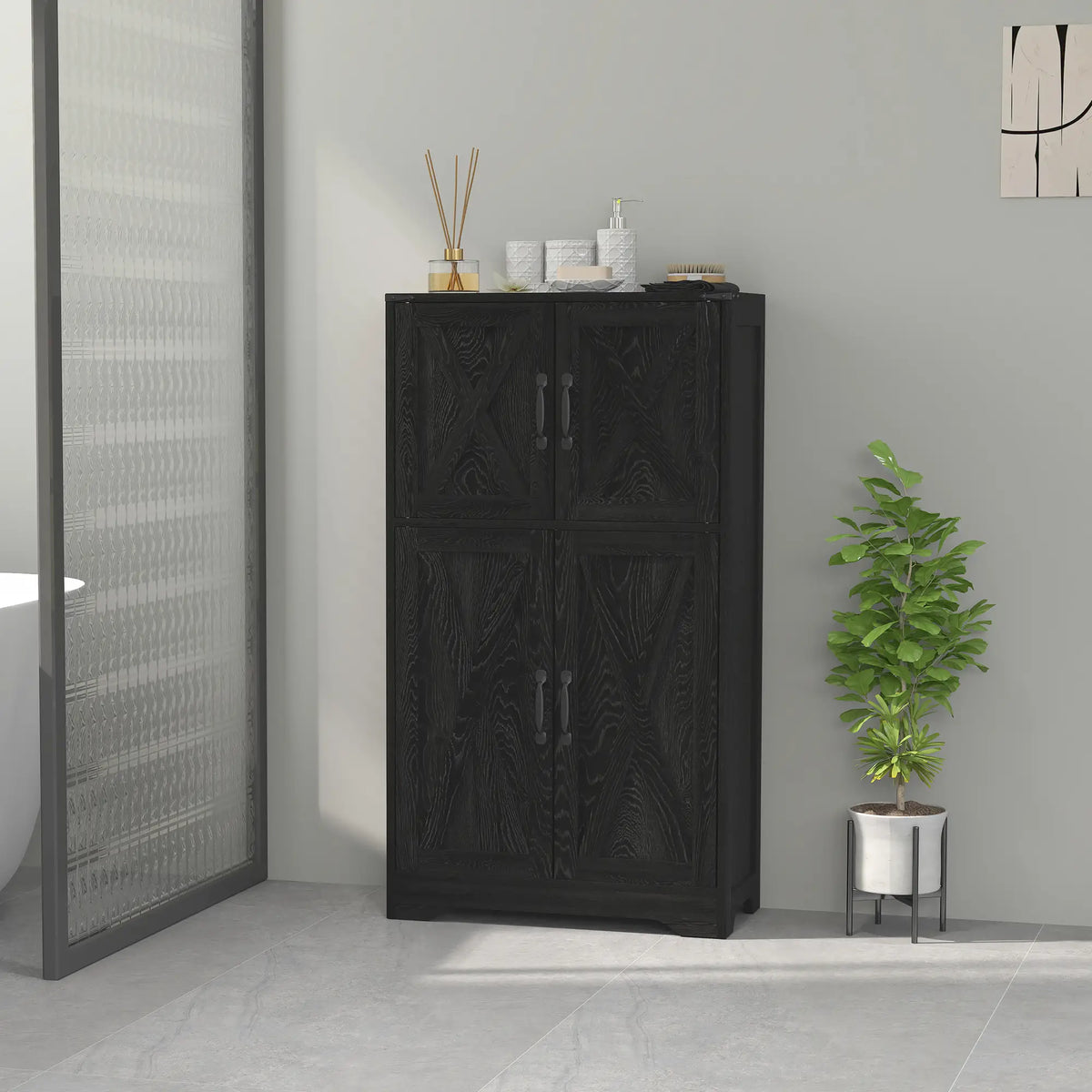 Farmhouse Kitchen Pantry, Freestanding Cabinet with Barn Doors, Adjustable Shelves, Black Kitchen Pantry Cabinets at Gallery Canada