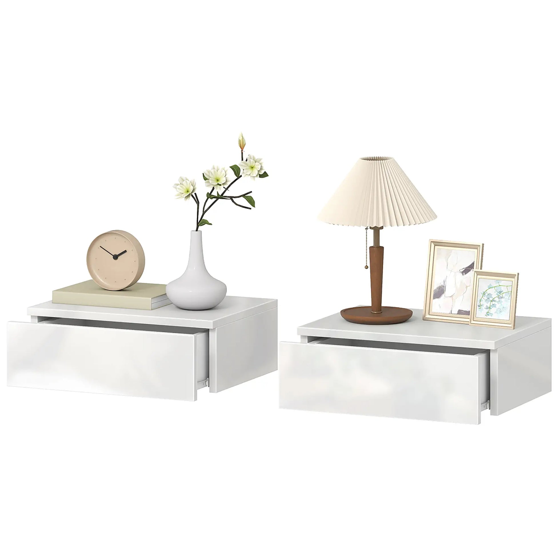 Set of 2 Wall Mounted Bedside Tables, High Gloss Floating Nightstands with Drawer, White Bedside Tables White at Gallery Canada